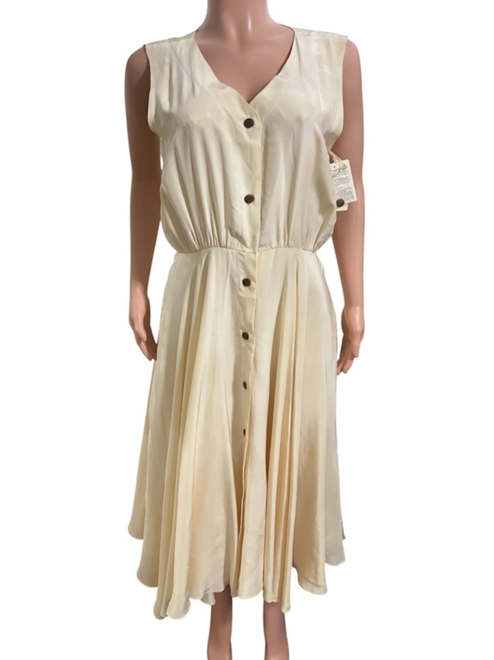 NWT SAKS FIFTH AVENUE Women’s Silk Cream Button-Front V-Neck Midi Dress - Picture 2 of 15